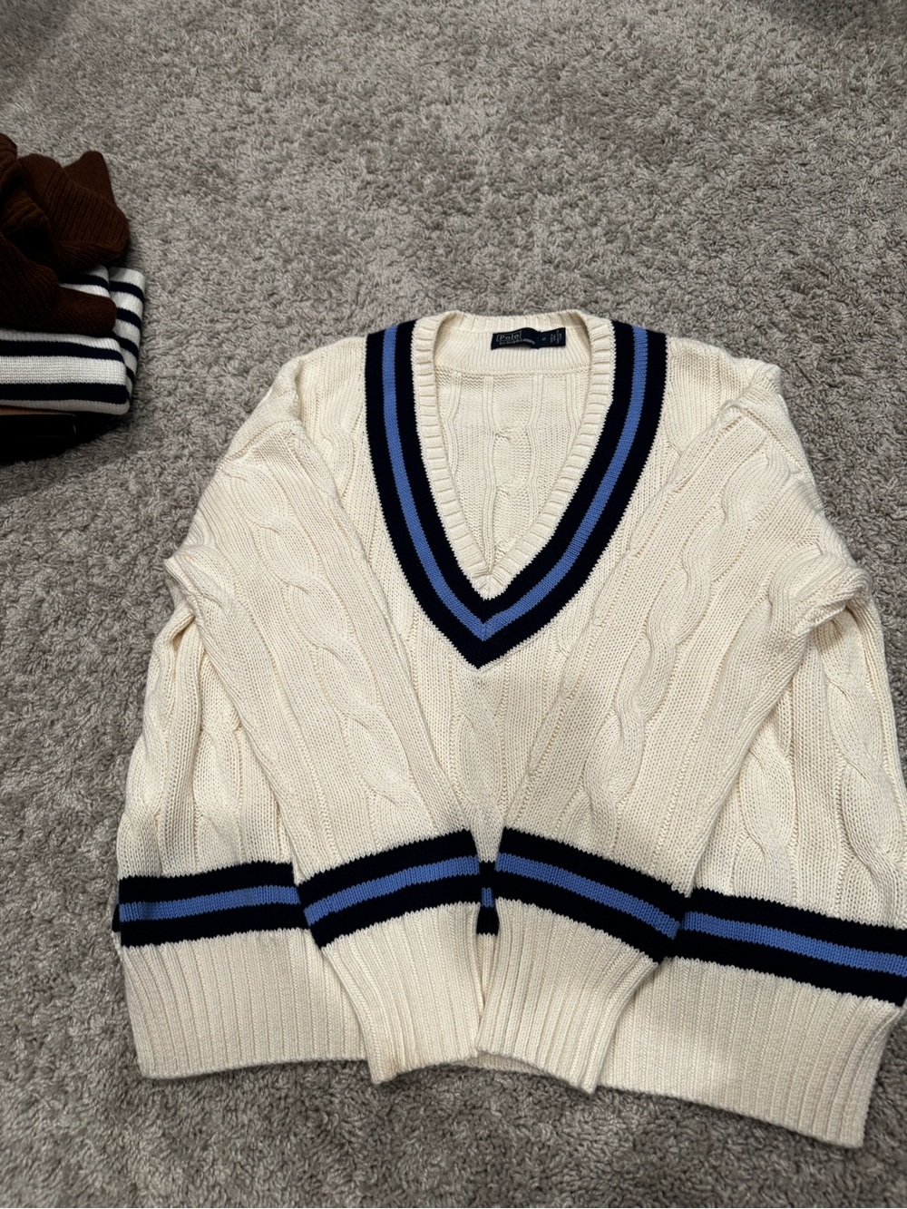 Ralph Lauren Women’s Cream Cable Knit V-Neck Sweater with Navy & Light Blue Trim